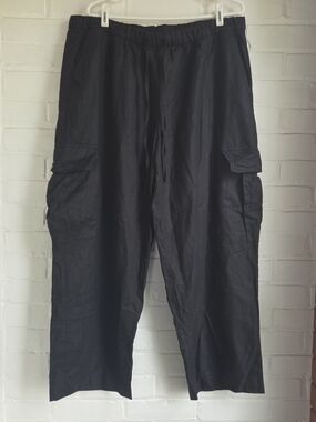 GAP Cargo Pants Black Drawstring Waist Relaxed Fit Wide Legs Linen Cotton Sz XL
